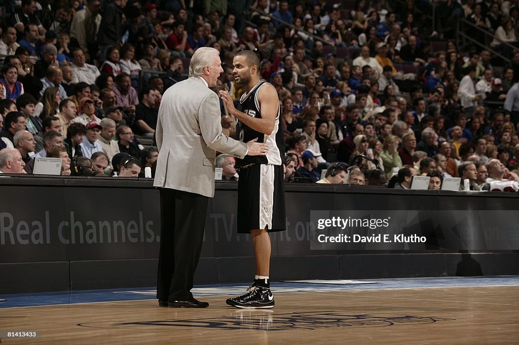 San Antonio Spurs Coach Gregg Popovich On Sidelines With Tony Parker San antonio spurs coach gregg popovich on sidelines with tony parker