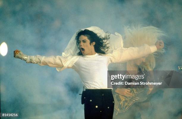 Football: Super Bowl XXVII, Celebrity singer Michael Jackson performing during halftime of Dallas Cowboys vs Buffalo Bills game, Pasadena, CA...