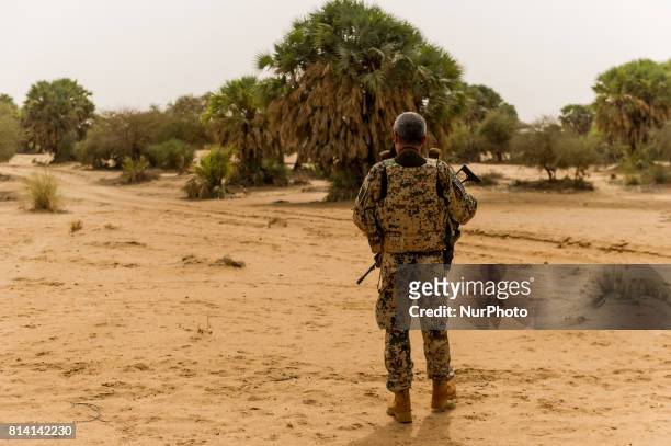 Soldier of the Bundeswehr, the German armed forces, watches the surroundings at Camp Castor in Gao, Mali, 19 May 2017. Members of the German armed...