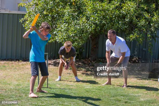 family playing backyard cricket - backyard cricket stock pictures, royalty-free photos & images