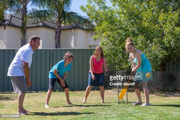 family playing backyard cricket - backyard cricket stock pictures, royalty-free photos & images