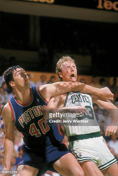 Basketball: playoffs, Boston Celtics Larry Bird in action vs Detroit Pistons Bill Laimbeer , Boston, MA 5/30/1987