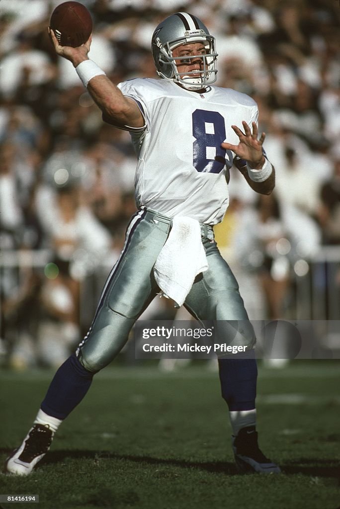 Dallas Cowboys QB Troy Aikman in action, making pass vs Oakland... News