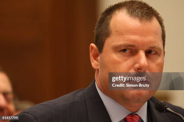 Baseball: Steroid House Committee, Closeup of MLB player Roger Clemens giving testimony during Mitchell Steroids Report hearing over alleged use of...