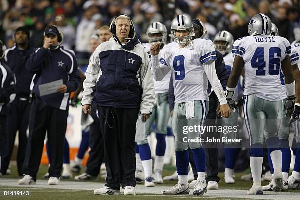 Football: NFC Playoffs, Dallas Cowboys QB Tony Romo on sidelines with coach Bill Parcells during game vs Seattle Seahawks, Seattle, WA 1/6/2007