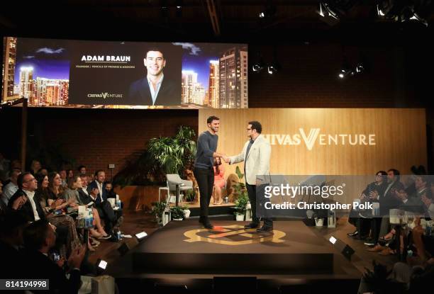 Founder of MissionU Adam Braun and actor Josh Gad speaks onstage at The Chivas Venture $1m Global Startup Competition at LADC Studios on July 13,...
