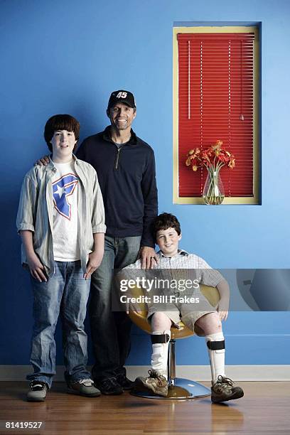 Auto Racing: Making A Difference, Casual portrait of NASCAR driver Kyle Petty posing with brothers Cal Grissom and Hank Grissom at the Victory...