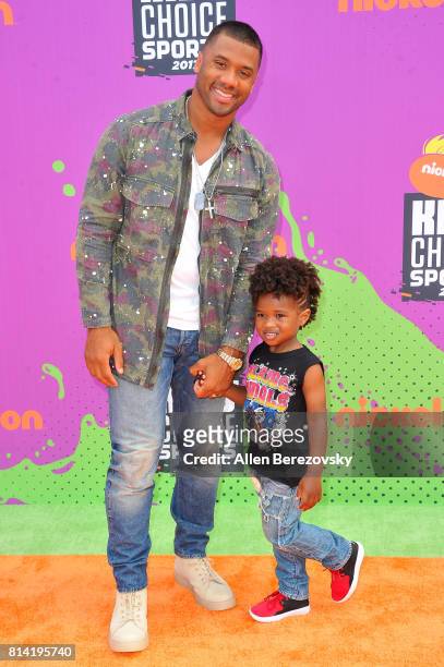 Host Russell Wilson and Future Zahir Wilburn attend Nickelodeon Kids' Choice Sports Awards 2017 at Pauley Pavilion on July 13, 2017 in Los Angeles,...
