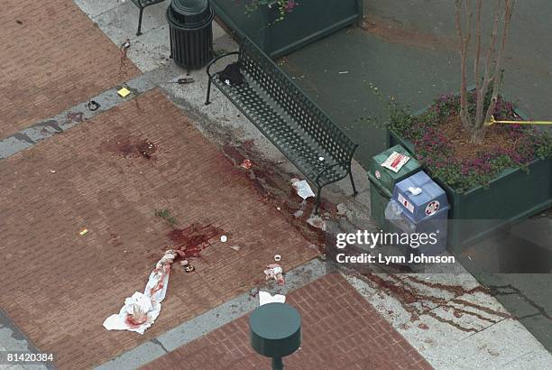 Terrorist Bombing: 1996 Summer Olympics, Aerial view of commemorative bricks covered by blood after bomb explosion in Centennial Olympic Park,...