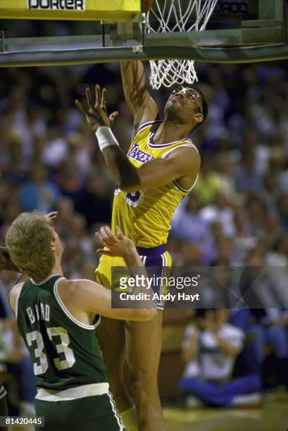 Basketball: NBA Finals, Los Angeles Lakers Kareem Abdul-Jabbar in action, making dunk vs Boston Celtics Larry Bird , Game 3, Cover, Inglewood, CA...