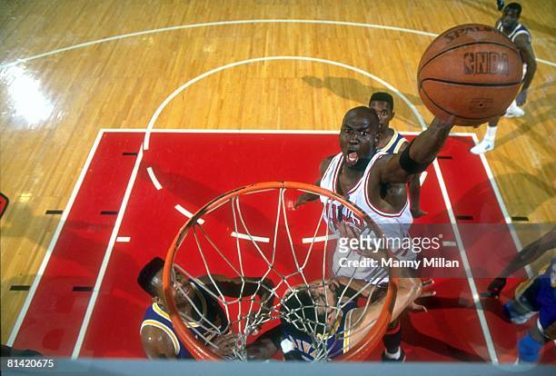 Basketball: NBA Finals, Aerial view of Chicago Bulls Michael Jordan in action, making dunk vs Los Angeles Lakers, Game 2, Chicago, IL 6/5/1991