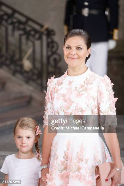 Crown Princess Victoria of Sweden and Princess Estelle of Sweden arrive for a thanksgiving service on the occasion of The Crown Princess Victoria of...