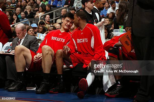 Basketball: Houston Rockets Yao Ming and Tracy McGrady on bench during game vs Los Angeles Clippers, Los Angeles, CA 2/14/2006