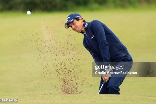 Matteo Manassero of Italy hits his third shot on the 3rd hole during day two of the AAM Scottish Open at Dundonald Links Golf Course on July 14, 2017...