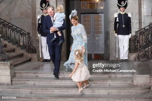 Princess Madeleine of Sweden, Prince Nicolas of Sweden, Christopher O'Neill and Princess Leonore of Sweden depart after a thanksgiving service on the...