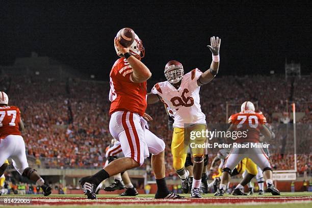 College Football: USC Lawrence Jackson in action, playing defense and putting pressure on Nebraska QB Sam Keller , Lincoln, NE 9/15/2007