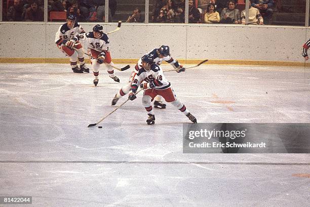 Hockey: 1980 Winter Olympics, USA Mark Pavelich in action during game, Lake Placid, NY 2/14/1980--2/22/1980