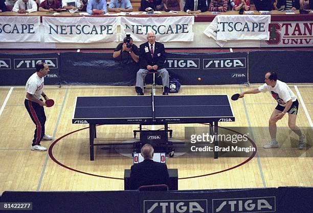 Table Tennis: USA Robert Shur in action vs China Liu Guoliang during "Friendship First" rematch, Ping Pong Diplomacy, Stanford, CA 7/27/1997