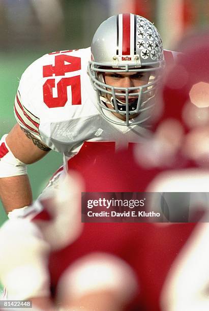 College Football: Ohio State Andy Katzenmoyer at line scrimmage before snap during game vs Indiana, Bloomington, IN