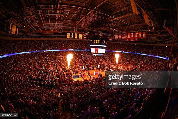 Basketball: NBA Finals, View of The Palace of Auburn Hills, stadium during player introductions with pyrotechnics before San Antonio Spurs vs Detroit...