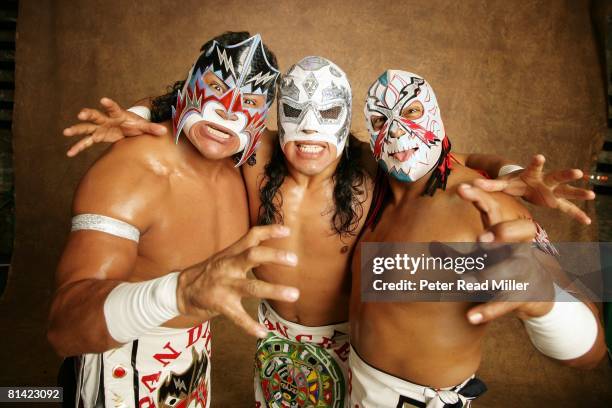 Professional Wrestling: CMLL Lucha Libre, Closeup portrait of La Pandilla Guerrera Nitro, Dr, X, and Sangre Azteca at Arena Mexico, Mexico City,...