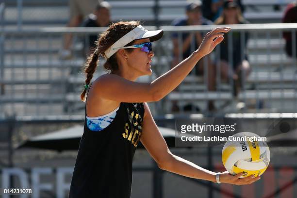 Angela Bensend serves the ball in the semifinal against Lane Carico and Alix Klineman during day 4 of the AVP San Francisco Open at Pier 30-32 on...