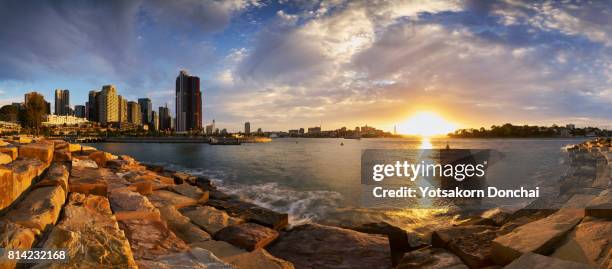 a panoramic scenery of sunset from barangaroo reserve, sydney - barangaroo stock pictures, royalty-free photos & images