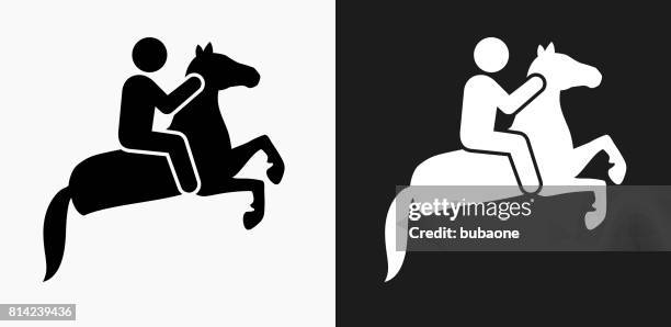 horse ridding icon on black and white vector backgrounds - white horse on black background stock illustrations