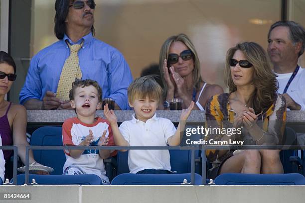 Tennis: US Open, View of wife Steffi Graf and son Jaden of USA Andre Agassi in stands during 4th round match vs Belgium Xavier Malisse at National...