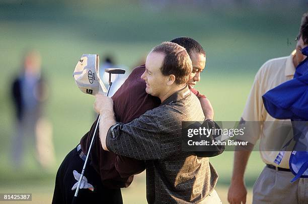 Golf: PGA Championship, Closeup of Bob May hugging Tiger Woods after losing Sunday playoff at Valhalla CC, Louisville, KY 8/20/2000