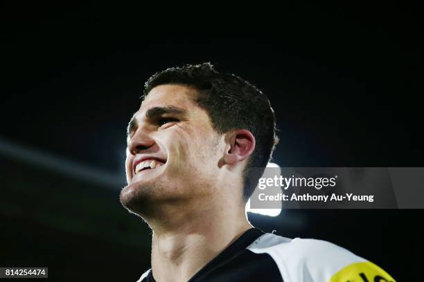 Nathan Cleary of the Panthers is interviewed after winning the round 19 NRL match between the New Zealand Warriors and the Penrith Panthers at Mt...