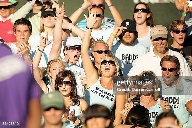 Golf: FBR Open, View of Richelle, wife of Aaron Baddeley in gallery with family and wearing BADDS BRIGADE shirt during Sunday play at TPC Scottsdale,...