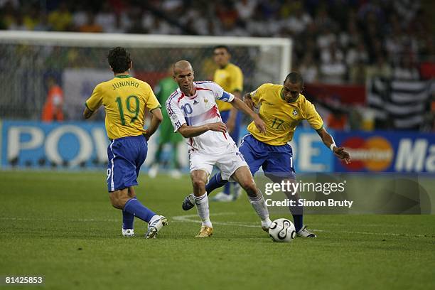 Soccer: World Cup Quarterfinals, France Zinedine Zidane in action vs Brazil Juninho Pernambucano and Gilberto Silva , Frankfurt, Germany 7/1/2006