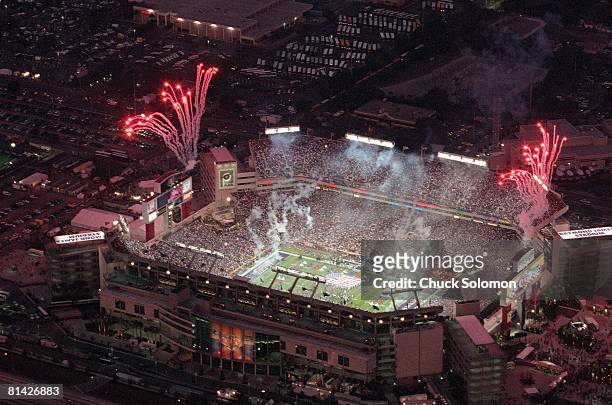 Football: Super Bowl XXXV, Aerial view of Baltimore Ravens in action vs New York Giants at Raymond James Stadium with fireworks, Tampa, FL 1/28/2001