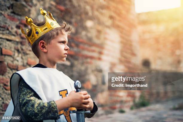 retrato del joven rey en los muros del castillo - príncipe persona de la realeza fotografías e imágenes de stock