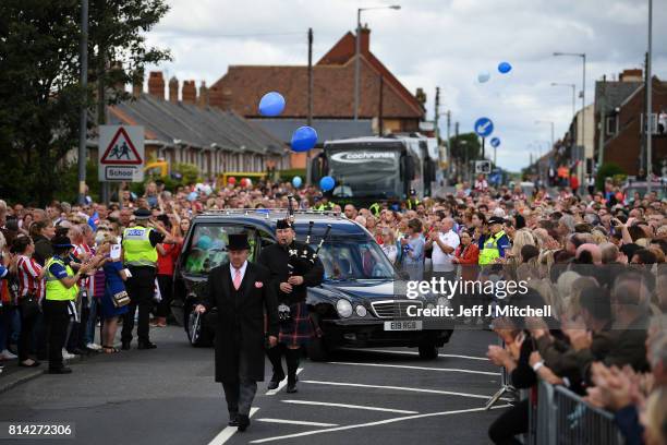 The hearse departs St Joseph's Church after the funeral service for six year old Sunderland FC fan, Bradley Lowery on July 14, 2017 in Hartlepool,...