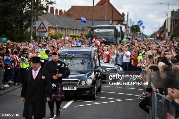 The hearse departs St Joseph's Church after the funeral service for six year old Sunderland FC fan, Bradley Lowery on July 14, 2017 in Hartlepool,...
