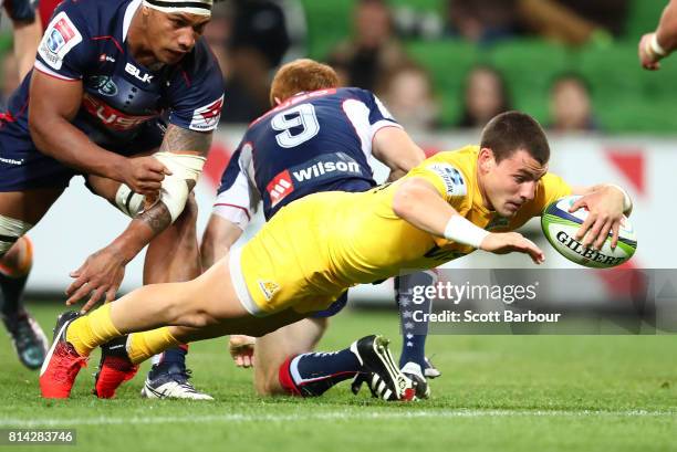 Gonzalo Bertranou of the Jaguares scores a try during the round 17 Super Rugby match between the Melbourne Rebels and the Jaguares at AAMI Park on...