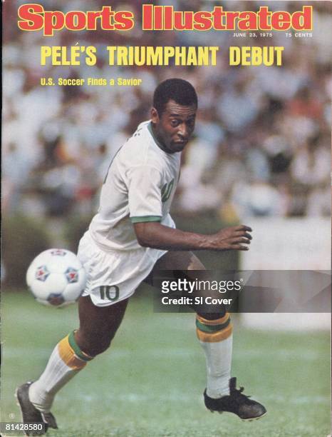June 23, 1975 Sports Illustrated via Getty Images Cover, NASL Soccer: New York Cosmos Pele in action vs Dallas Tornado at Downing Stadium, New York,...