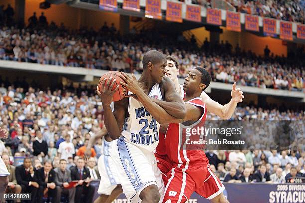 College Basketball: NCAA playoffs, North Carolina Marvin Williams in action vs Wisconsin Alando Tucker , Syracuse, NY 3/27/2005