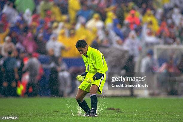 Soccer: MLS Cup, Los Angeles Galaxy goalie Jorge Campos victorious on field during game vs DC United, Foxboro, MA