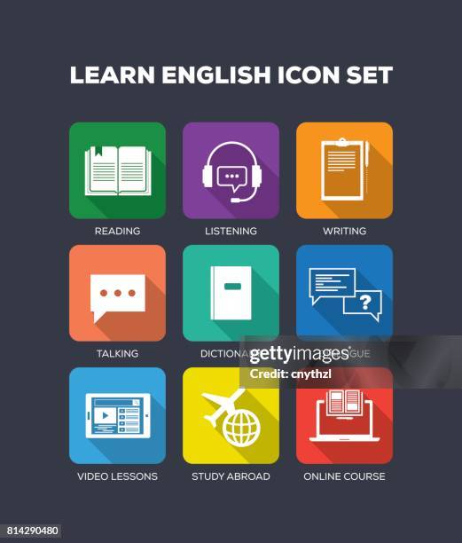 learn english flat icon set - language translation stock illustrations