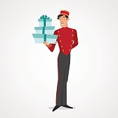 Full length male porter concierge holding stack of boxes isolated over white. Vector illustration