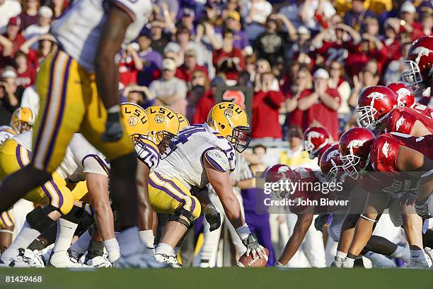 College Football: Louisiana State Brett Helms and offensive line before snap during game vs Arkansas, Little Rock, AR