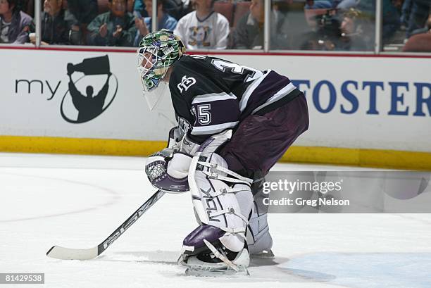 Hockey: NHL Playoffs, Anaheim Mighty Ducks goalie Jean-Sebastien Giguere in action vs Calgary Flames, Game 4, Anaheim, CA 4/27/2006