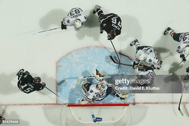 Hockey: NHL Playoffs, Aerial view of Edmonton Oilers goalie Dwayne Roloson in action, making save vs Anaheim Mighty Ducks, Game 2, Anaheim, CA...