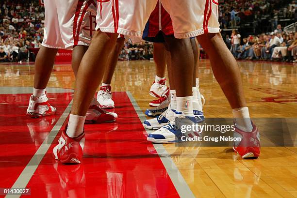 Basketball: View of Chinese sportswear company Peak, sneakers of Houston Rockets Shane Battier during inbound pass lineup of game vs Detroit Pistons,...