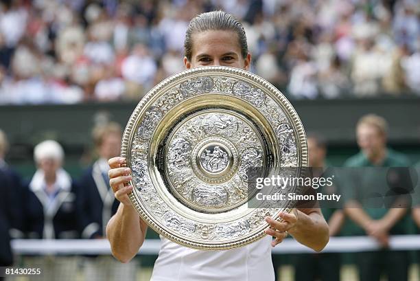 Tennis: Wimbledon, Closeup of France Amelie Mauresmo victorious with Rosewater Dish trophy after winning Finals vs Belgium Justine Henin-Hardenne at...
