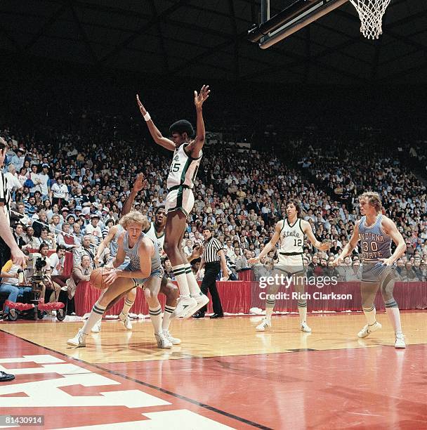 College Basketball: NCAA Final Four, Indiana State Larry Bird in action vs Michigan State Earvin Magic Johnson , Salt Lake City, UT 3/26/1979