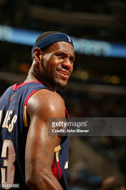 Basketball: Closeup of Cleveland Cavaliers LeBron James upset, on court during game vs Indiana Pacers, Cleveland, OH